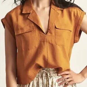 NEW Anthropologie Linen-Blend Crop Pullover Style Utility Top in "Cedar" - M